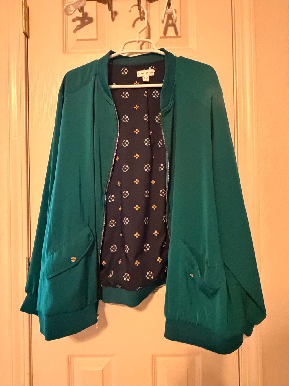 Susan Graver Teal Bomber Jacket with Navy Printed Lining